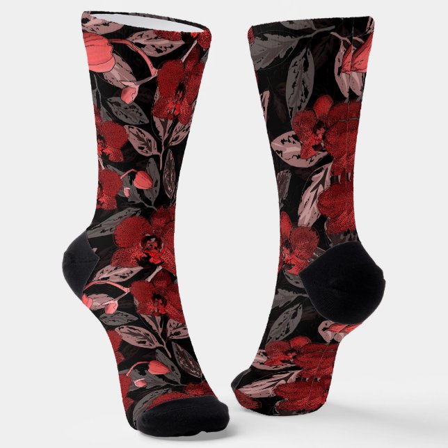 Calcetines orquídeas rojas sobre negro. (Angular)
