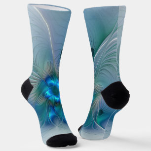 Calcetines Ovaciones de pie, fractal azul turquesa abstracto