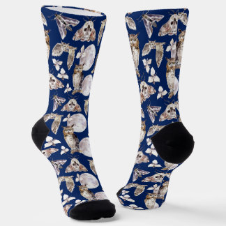 Calcetines Owls Moths Full Moon On Dark Blue