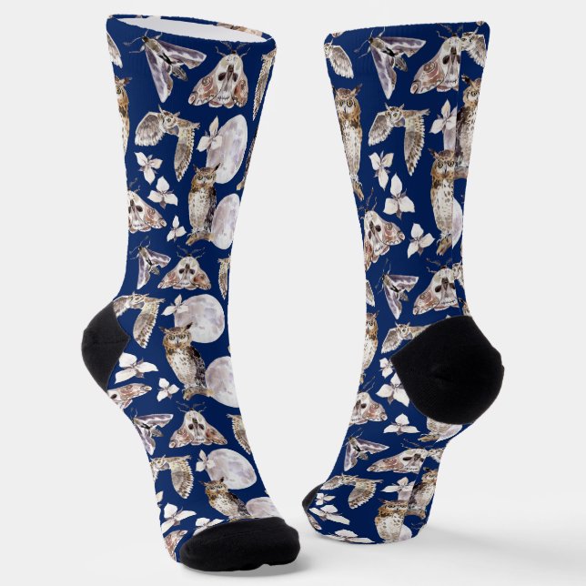 Calcetines Owls Moths Full Moon On Dark Blue (Angular)