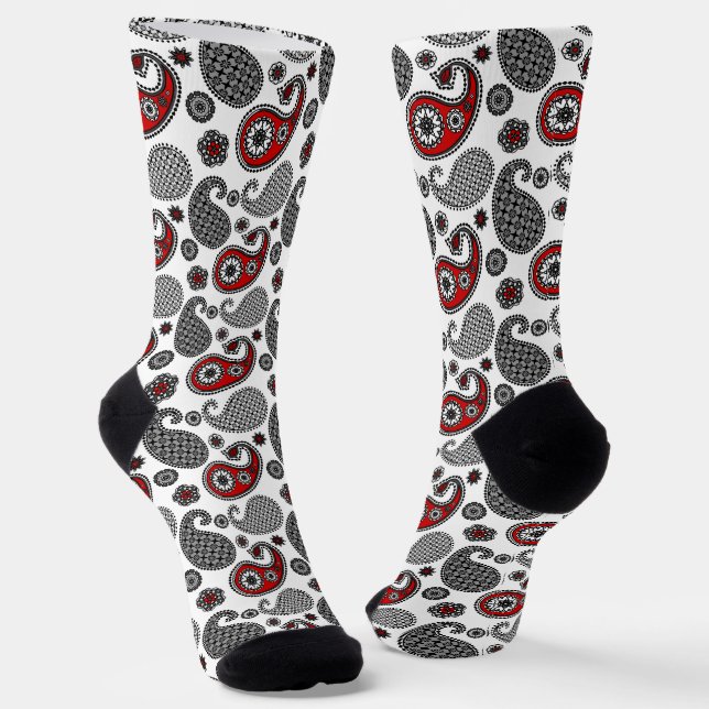Calcetines Paisley Pattern, Black, White and Red (Angular)