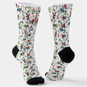 Calcetines Pájaro de Navidad Acuarela Verde Rojo Botánico
