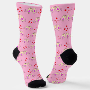 Calcetines Pájaros Amarillos Pequeños y Corazones en Rosa Cla