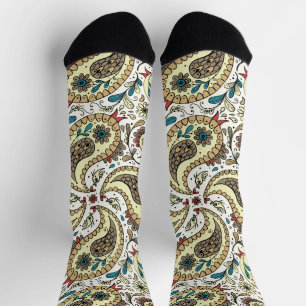 Calcetines Pájaros de paisley en amarillo/marrón y blanco