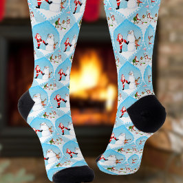 Calcetines Papá Noel juguetón jugando golf, muñeco de nieve y