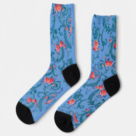 Calcetines Papel pintado floral antiguo en azul y rojo