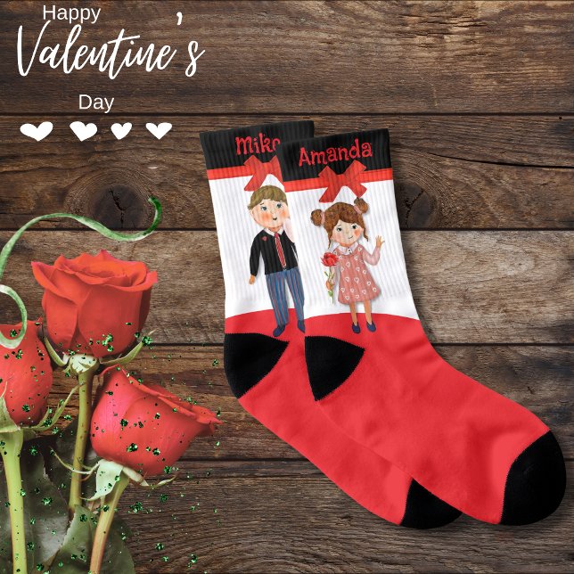 Calcetines Par de San Valentín Rojo Blanco Negro (Valentine Couple Red White Black Red Bow Socks)