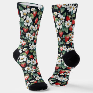 Calcetines Parche De Fresas Rojas Y Flores Blancas