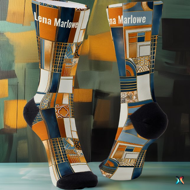 Calcetines Parche geométrico Art Deco en azul y oro (Subido por el creador)