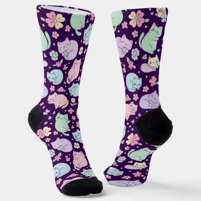 Calcetines Pastel Kawaii Cats and Spring Flowers Pattern  (Angular)