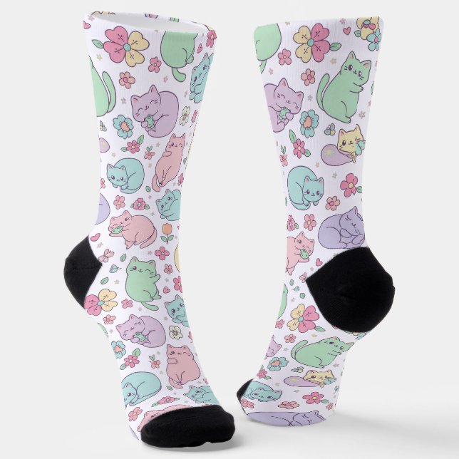 Calcetines Pastel Kawaii Cats and Spring Flowers Pattern  (Angular)