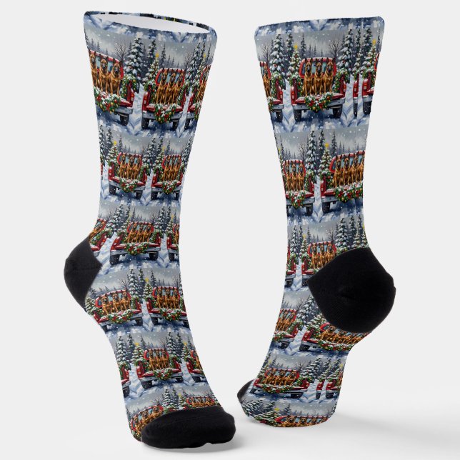 Calcetines Pastor Belga Malinois Navidad Camión Rojo Fiesta (Angular)