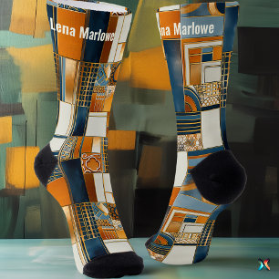 Calcetines Patchwork Art Déco geométrico en azul y dorado
