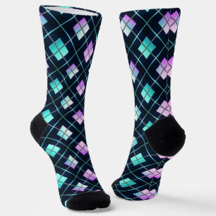 Calcetines Patrón Argyle Negro, Azul y Rosa Futurista Retro