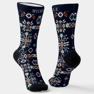 Calcetines Patrón azteca azul rojo azul de la marina oscura p