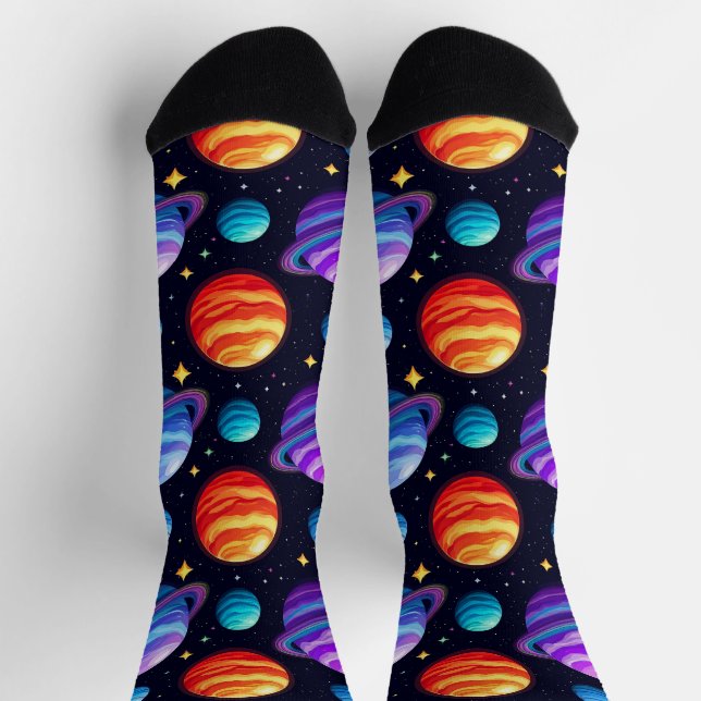 Calcetines Patrón colorido de planetas y estrellas (Arriba)