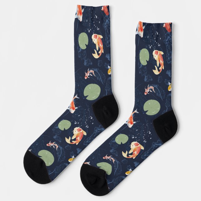 Calcetines Patrón continuo de estanque con peces koi en acuar (Izquierda)