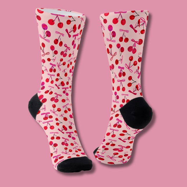 Calcetines Patrón Coquette Cherry & Pink Bow (Cute cherry & bow, coquette aesthetic patterned socks)