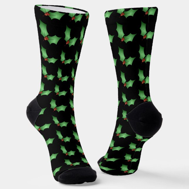 Calcetines Patrón de acebo de Navidad en negro (Angular)