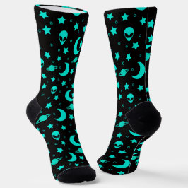 Calcetines Patrón de Alien Turquesa con Estrellas y Lunas