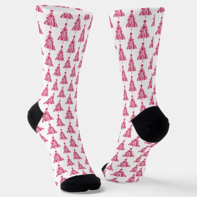 Calcetines Patrón de árbol de vacaciones de Navidades rosados (Angular)