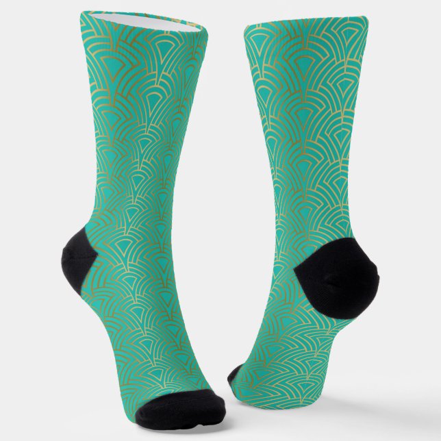 Calcetines Patrón de Art Deco geométrico de oro sobre azul-ve (Angular)
