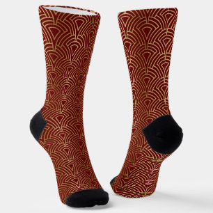 Calcetines Patrón de Art Deco geométrico dorado en rojo oscur