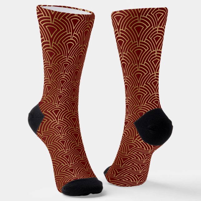 Calcetines Patrón de Art Deco geométrico dorado en rojo oscur (Angular)