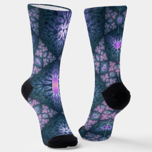 Calcetines Patrón de arte fractal 3D turquesa púrpura rosa