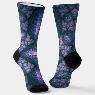Calcetines Patrón de arte fractal 3D turquesa púrpura rosa