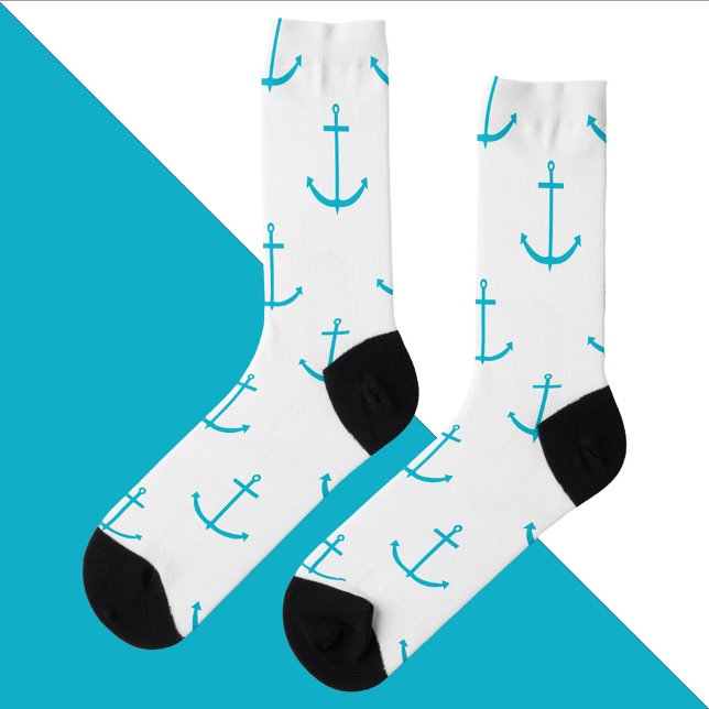 Calcetines Patrón de color turquesa náutico (A pair of socks with a turquoise anchor pattern)