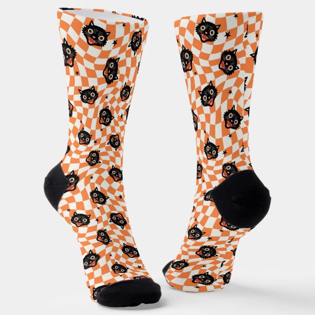 Calcetines Patrón de comprobación de Naranja de gato negro re (Angular)