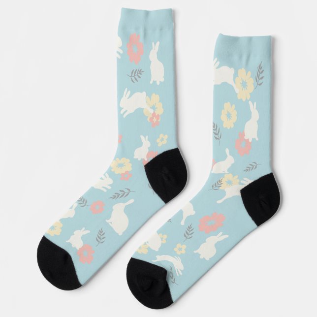 Calcetines Patrón de conejos y flores lindas (Izquierda)