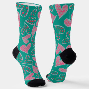 Calcetines Patrón de Corazones florales Verde azulados y rosa