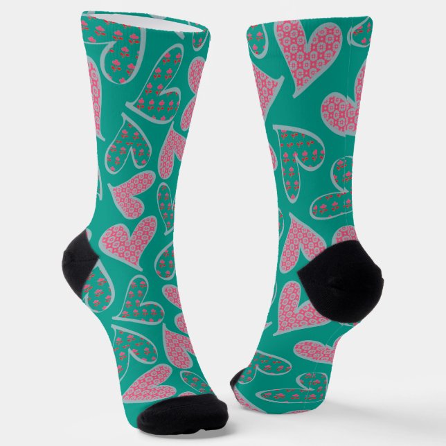 Calcetines Patrón de Corazones florales Verde azulados y rosa (Angular)