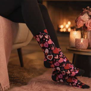 Calcetines Patrón de Corazones Rojos Rosas Negros Amor