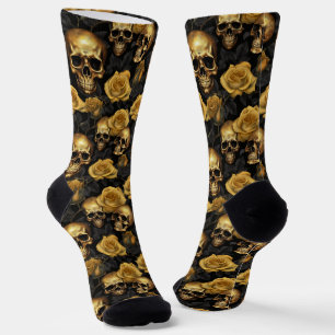 Calcetines Patrón de cráneo Rosa de oro en negro
