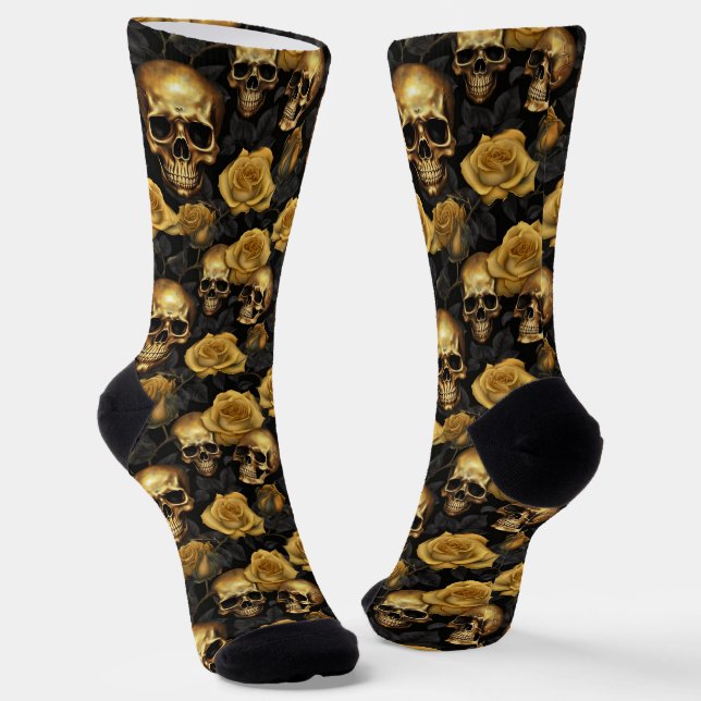 Calcetines Patrón de cráneo Rosa de oro en negro (Angular)