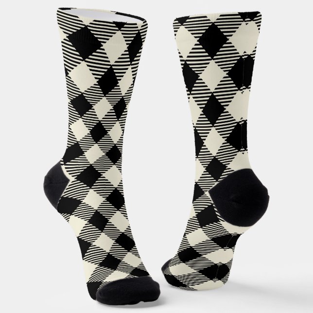 Calcetines Patrón de cuadros escoceses gingham diagonal negro (Angular)