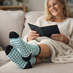 Calcetines Patrón de cuadros gingham azul verdoso y blanco mi