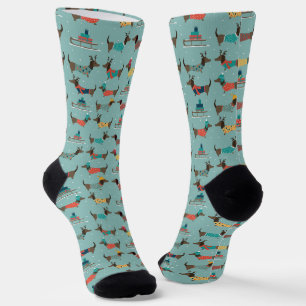 Calcetines Patrón de dachshunds de vacaciones con regalos y m