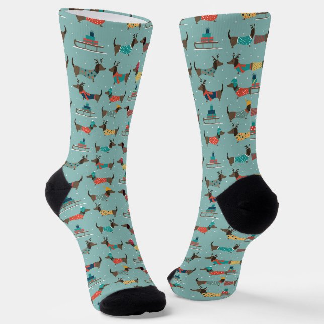 Calcetines Patrón de dachshunds de vacaciones con regalos y m (Angular)