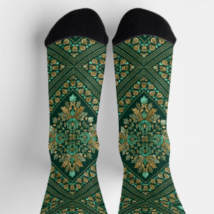 Calcetines Patrón de Damasco de Vintage Oriental - Verde y or
