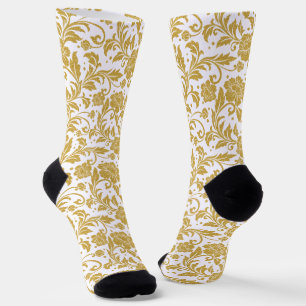 Calcetines Patrón de damasco floral vintage en blanco sobre d