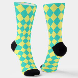 Calcetines Patrón de diamante de cuadros amarillo turquesa