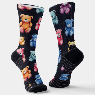Calcetines Patrón de dibujo de talla de oso de peluche negro