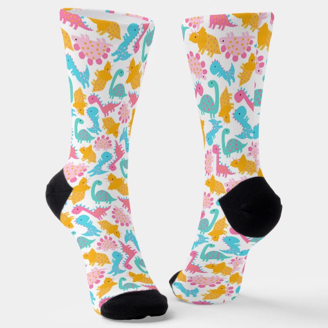 Calcetines Patrón de dinosaurios divertidos rosa y Verde azul (Angular)