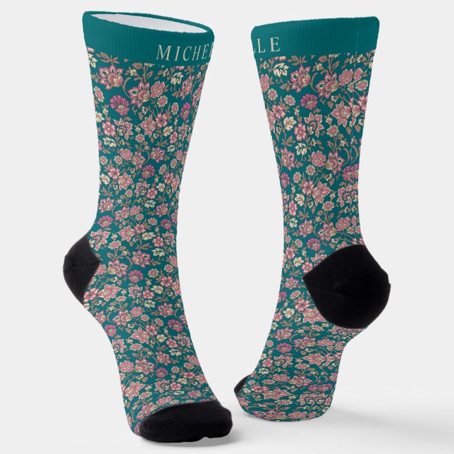 Calcetines Patrón de flores rosadas de color verde personaliz (Angular)
