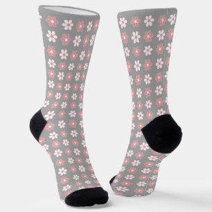 Calcetines Patrón de flores rosas y blancas sobre gris plata