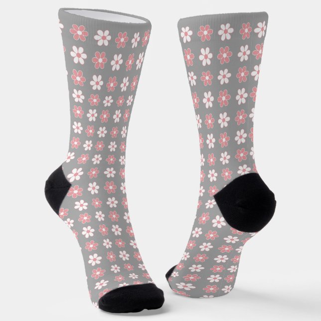 Calcetines Patrón de flores rosas y blancas sobre gris plata (Angular)
